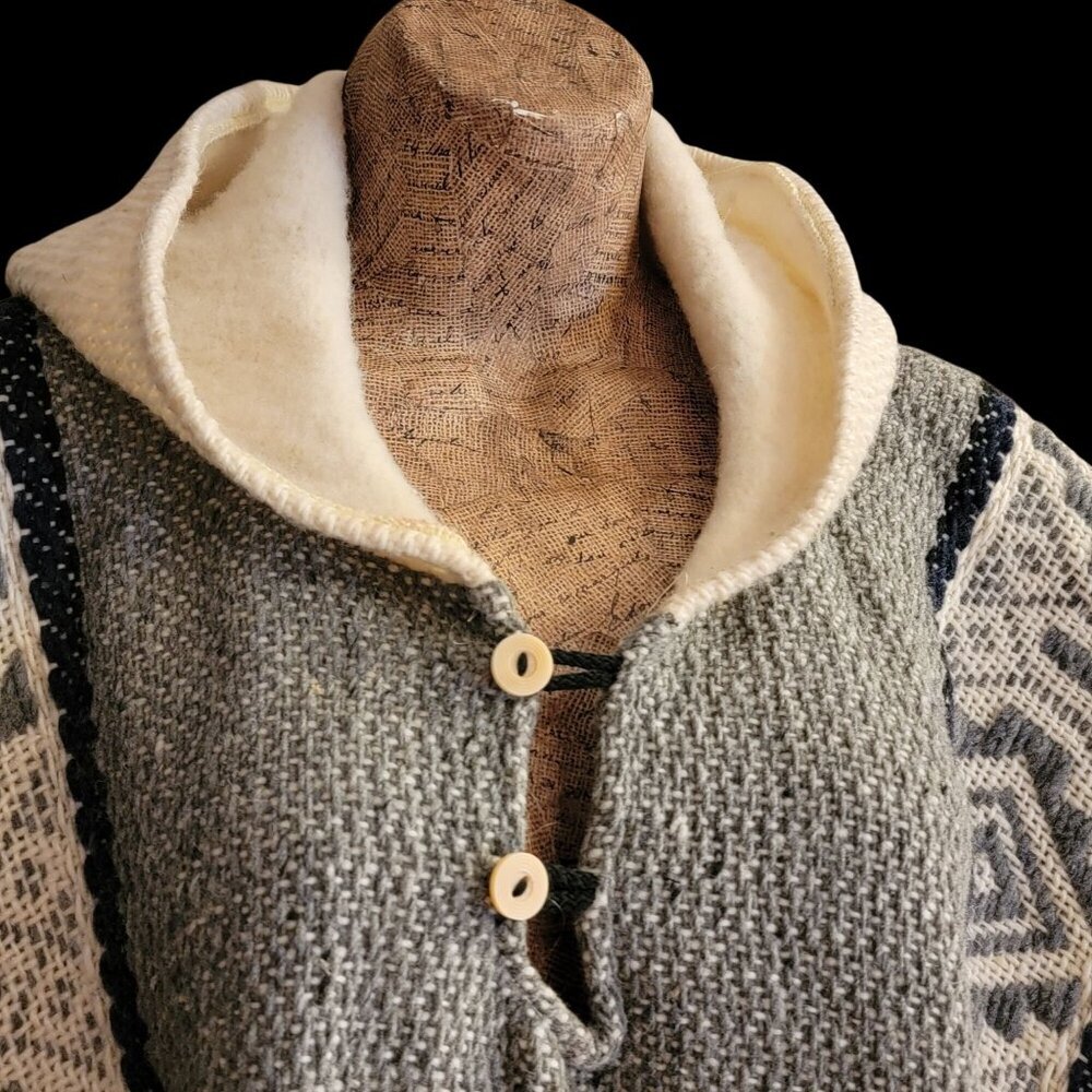Wool Blend Poncho/Cape Boho With Geometric Pattern Hood & Buttons Beige & Gray - Picture 3 of 14